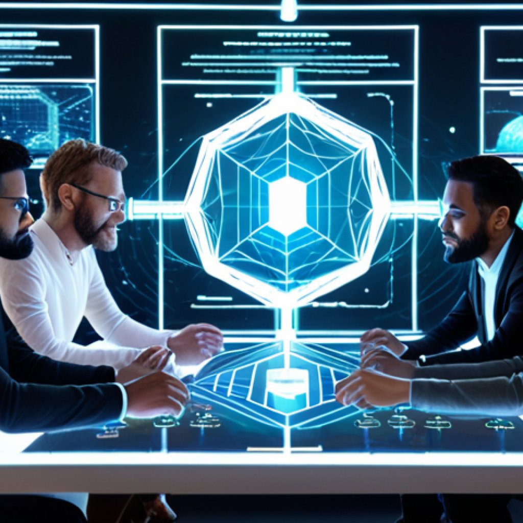 **A diverse group of people collaborating around a holographic display showing a blockchain network, symbolizing transparency and decentralized governance within a DAO. Emphasize collaboration and inclusivity.**