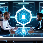 **A diverse group of people collaborating around a holographic display showing a blockchain network, symbolizing transparency and decentralized governance within a DAO. Emphasize collaboration and inclusivity.**