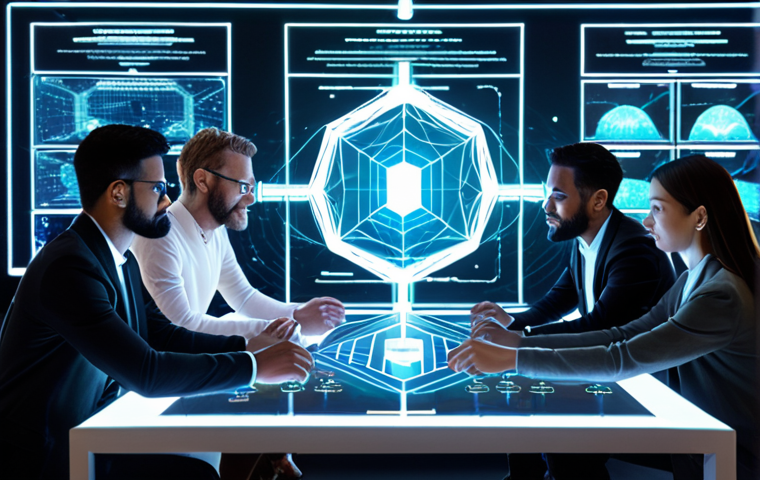 **A diverse group of people collaborating around a holographic display showing a blockchain network, symbolizing transparency and decentralized governance within a DAO. Emphasize collaboration and inclusivity.**