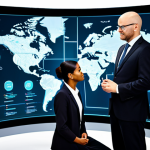 A diverse group of professional adults from various global backgrounds, fully clothed in modest business attire, collaborating around a large interactive holographic display. They are actively engaged in discussion, with natural expressions of thoughtful exchange and shared focus. The background is a clean, modern digital workspace with subtle abstract representations of a global network and interconnected data. The atmosphere is collaborative and inclusive, emphasizing the harmonizing of different perspectives. This image should showcase perfect anatomy, correct proportions, natural poses, well-formed hands, and proper finger count. Professional photography, high quality, safe for work, appropriate content, family-friendly.