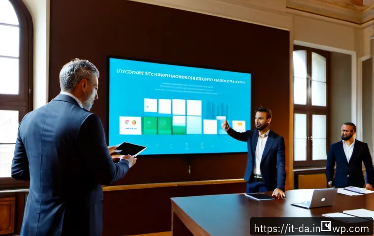DAO 플랫폼 선정 가이드 - Photorealistic Italian business team selecting a decentralized governance platform, diverse professi...